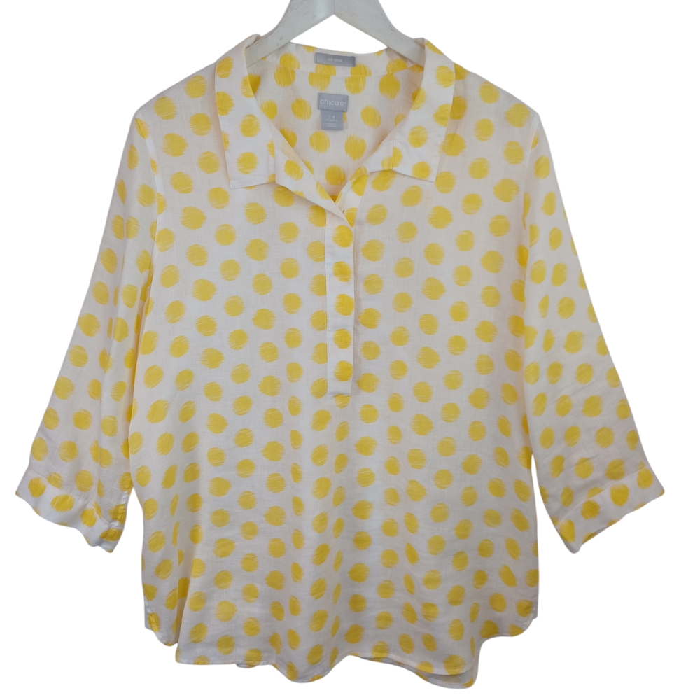 Chicos Linen Top Yellow White Polka Dot No Iron Blouse Collared Popover Women 14